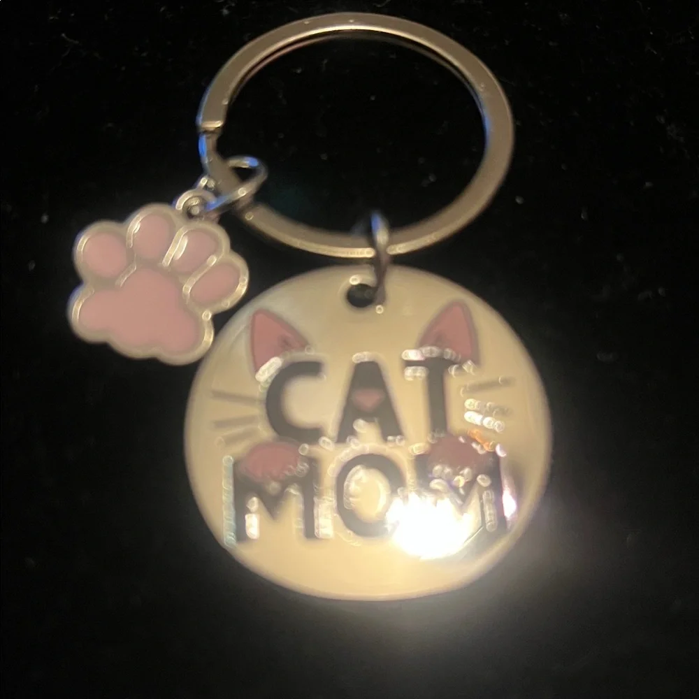 Cat Mom Keychain with Pink Paw Charm - Gold Tone